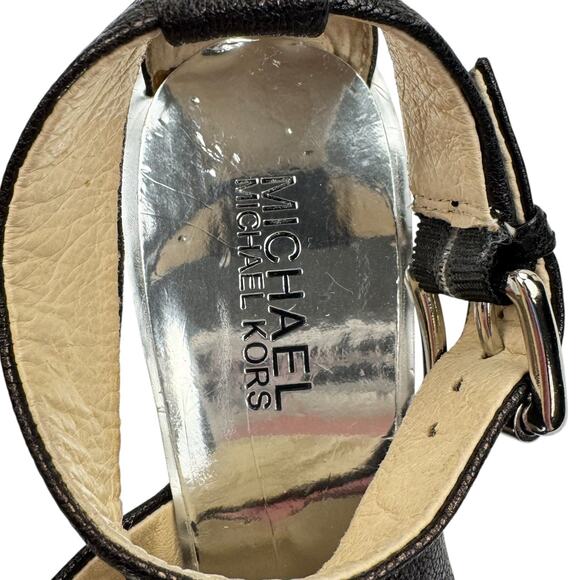 Michael Michael Kors Logo Black Leather Metallic Strappy Wedge Sandals Sz 7.5M - Picture 8 of 16